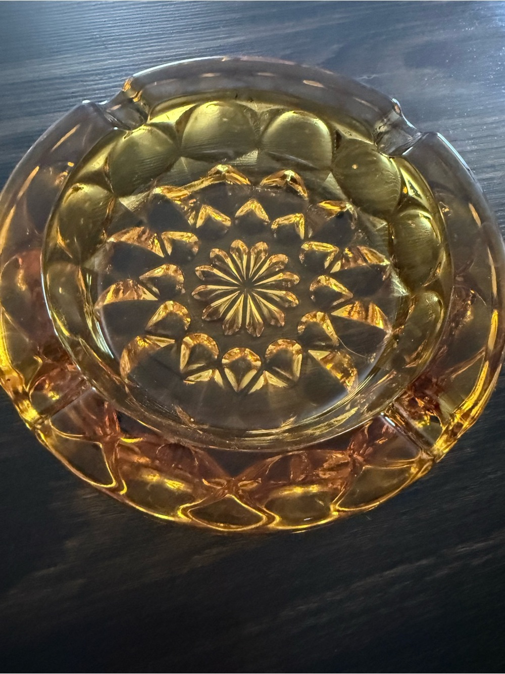 Amber Pressed Glass Ashtray with Starburst Motif